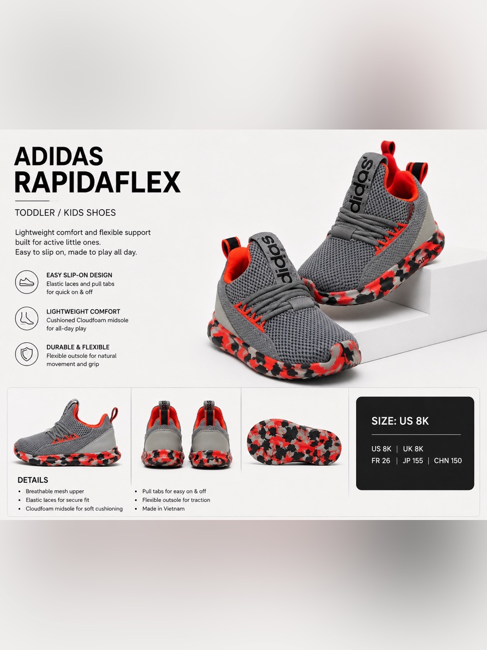 adidas Kids Grey & Red Athletic Sneakers with Camo Sole